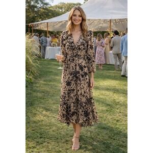 House of Harlow Revolve Maxi Dress M Brown Smocked Waist Ruffle Chiffon V Neck